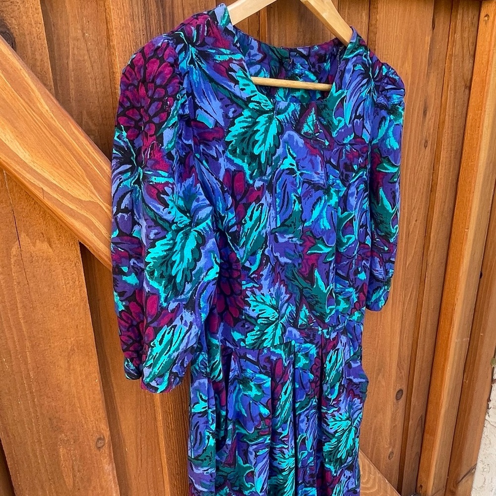 Vintage 80s Floral Midi Dress Secretary Tea Modest Bold Shoulder Pads Vtg Large - Picture 13 of 15